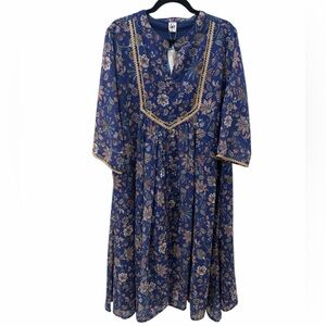 Janasy Women’s Blue Floral Kurta Dress Gold Trim Plus Size 5XL NWT